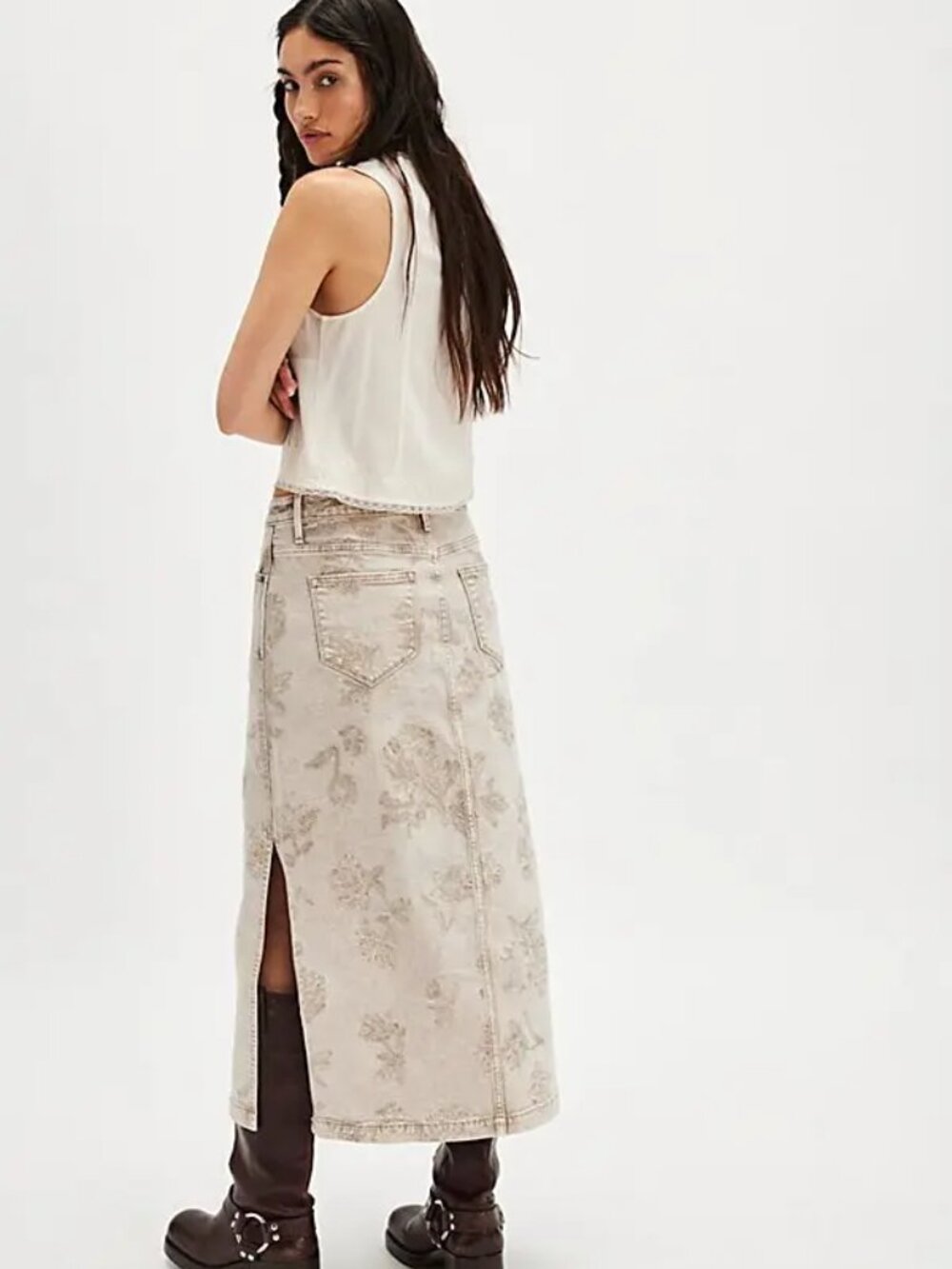 Driftwood Svetlana Maxi Skirt Straight Mid Rise Denim Floral Beige Plus Size 32 - Picture 7 of 11